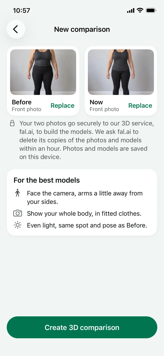 New comparison screen with a Before photo and a Now photo chosen