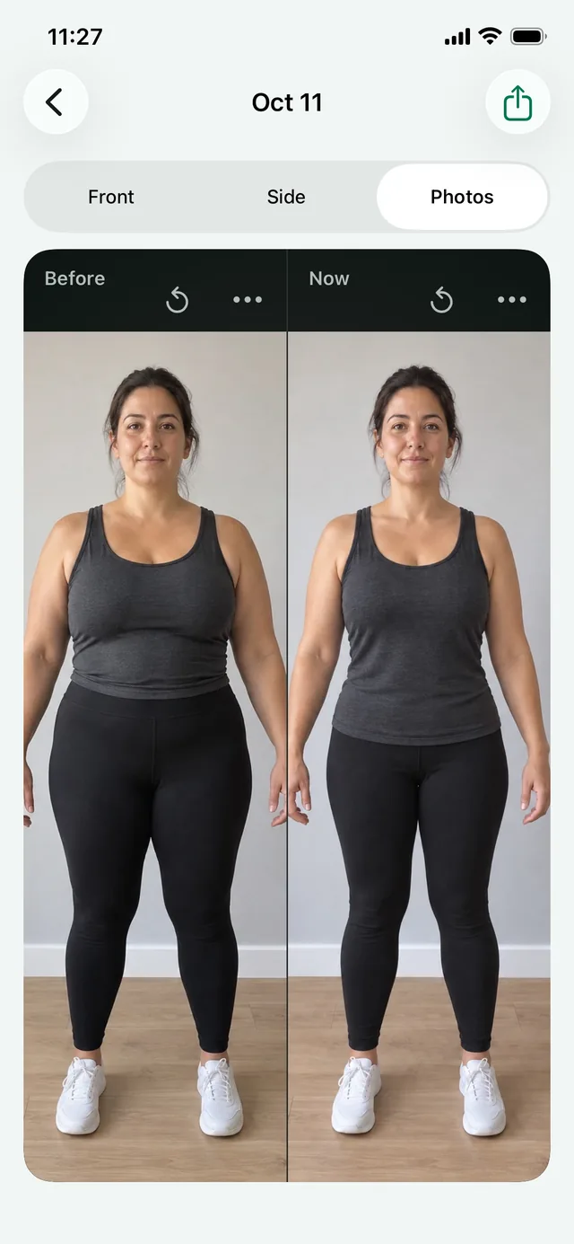 Photos tab with the Before and Now photos of a fictional woman side by side