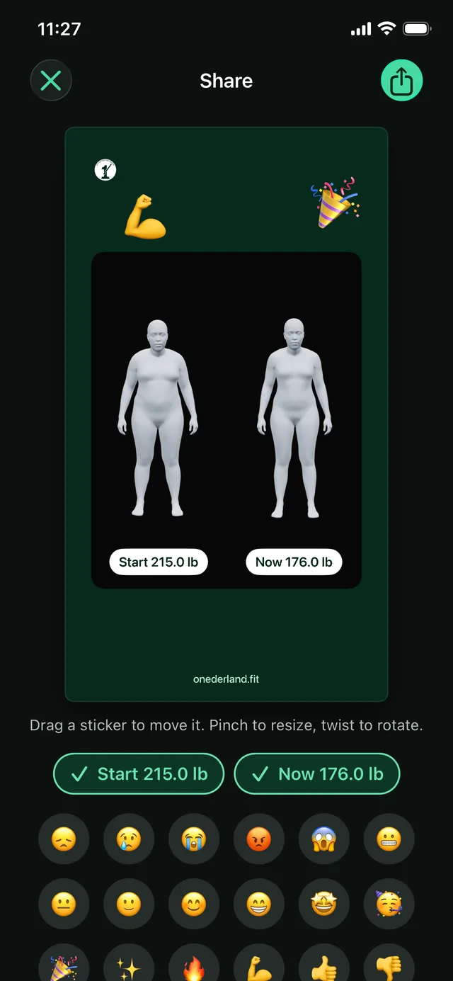 Share editor with weight stickers and two emoji on the 3D models