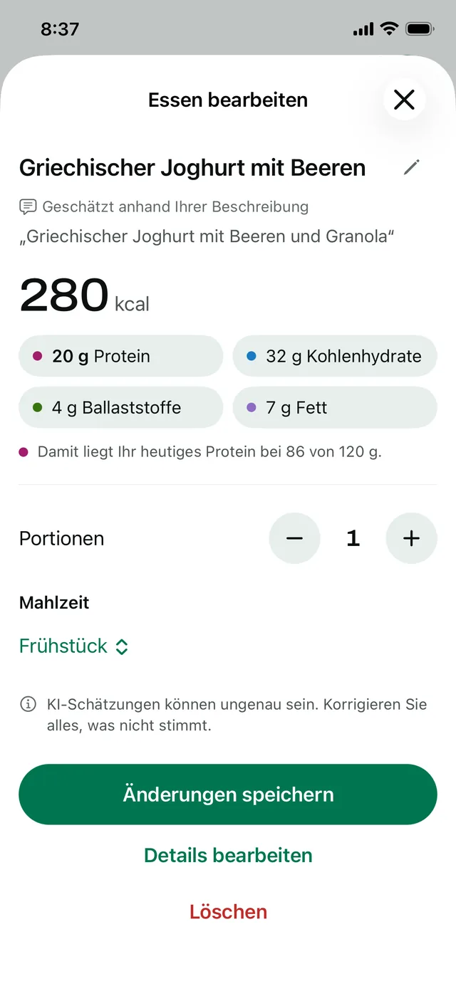 „Essen bearbeiten“: griechischer Joghurt mit Beeren, aus einer Beschreibung geschätzt, 280 kcal und 20 g Eiweiß