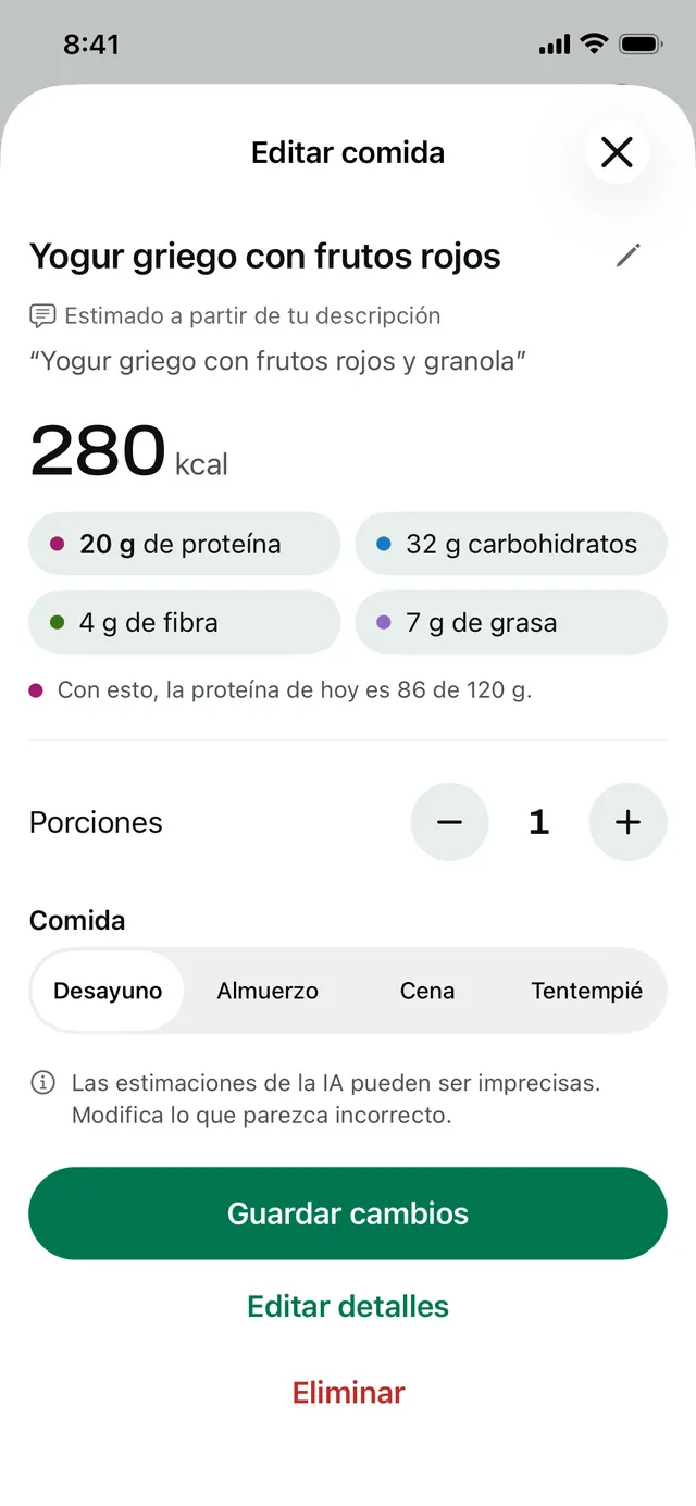 Editar comida: yogur griego con frutos rojos, estimado a partir de una descripción, 280 kcal y 20 g de proteína