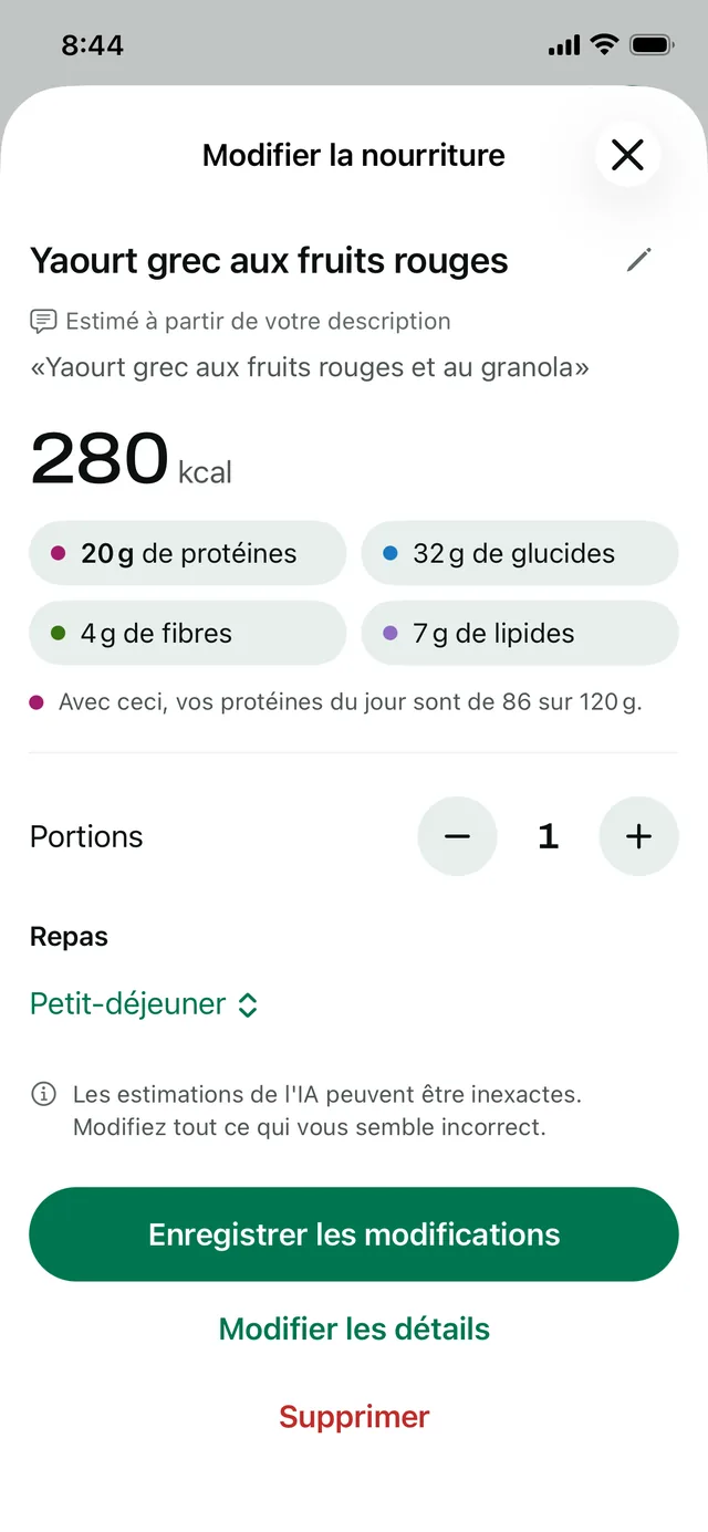 Modifier la nourriture : yaourt grec aux fruits rouges, estimé à partir d'une description, 280 kcal et 20 g de protéines