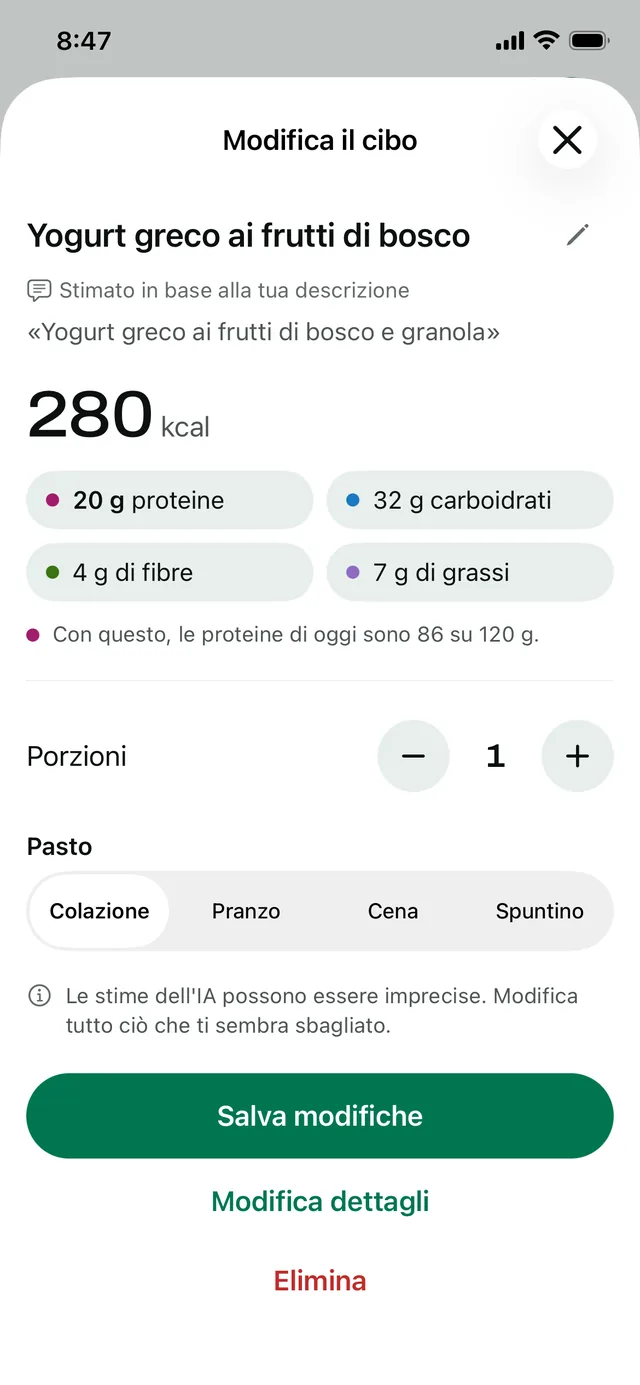 Modifica il cibo: yogurt greco con frutti di bosco, stimato in base a una descrizione, 280 kcal e 20 g di proteine