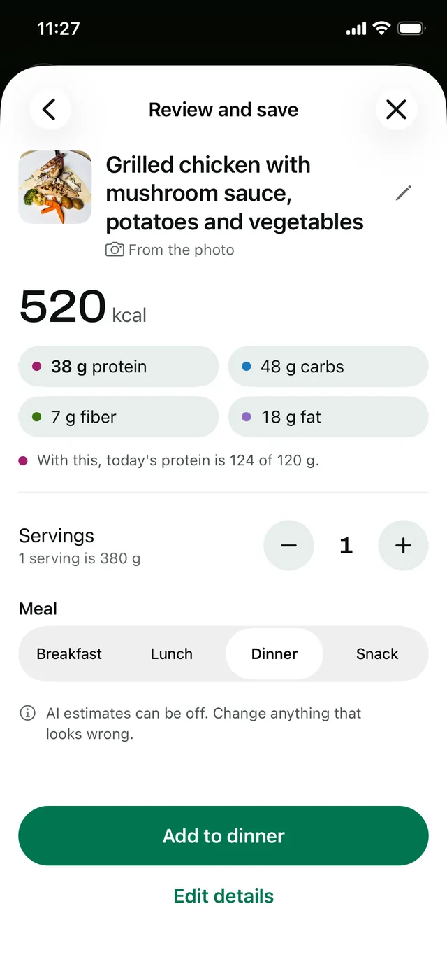 Review and save: a plate photo estimated at 520 kcal and 38 g protein