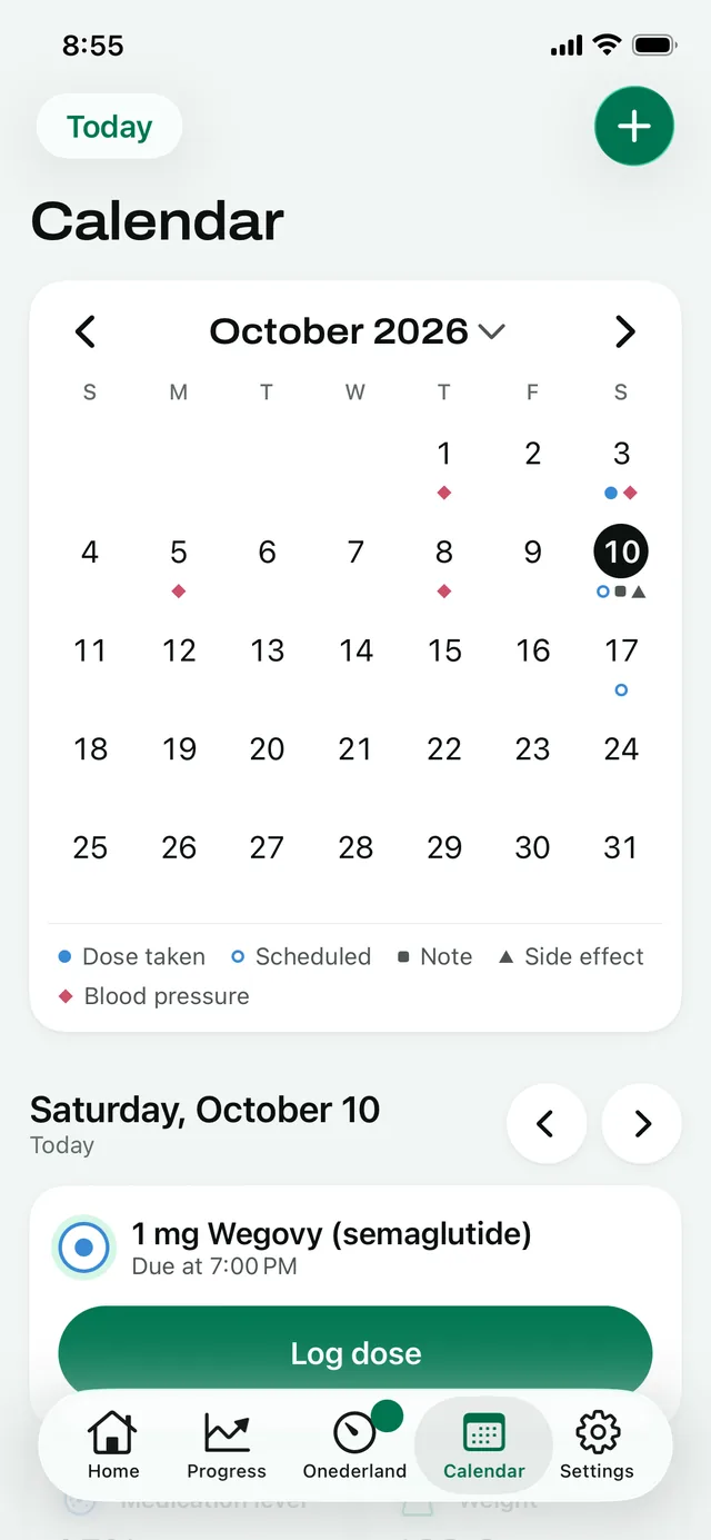 Calendar: October, with a scheduled dose, a note and a side effect marked on today
