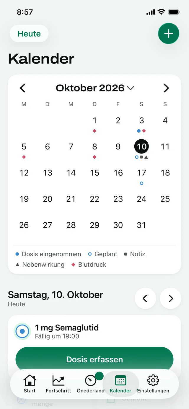 „Kalender“: Oktober, mit einer geplanten Dosis, einer Notiz und einer Nebenwirkung am heutigen Tag