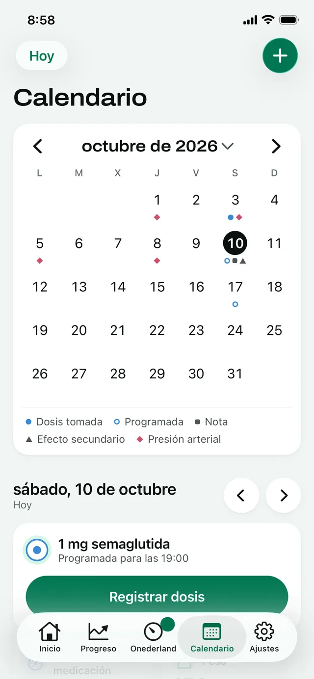 Calendario: octubre, con una dosis programada, una nota y un efecto secundario marcados hoy