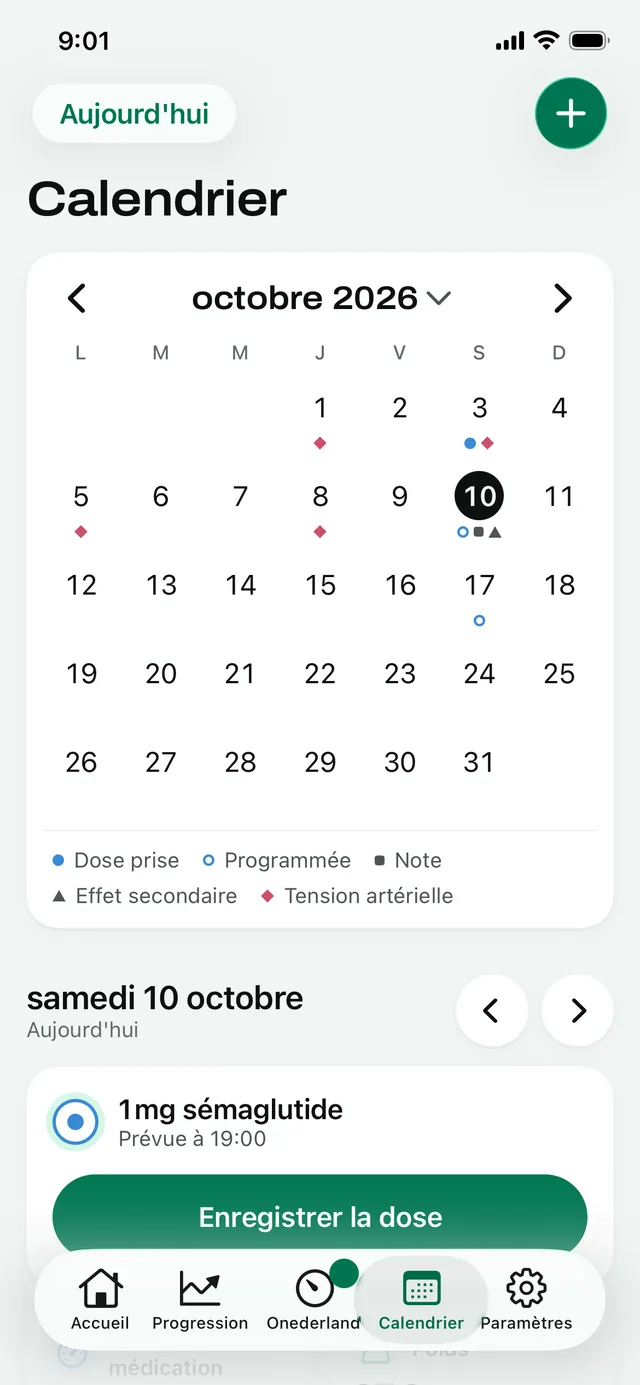 Calendrier : octobre, avec une dose programmée, une note et un effet secondaire signalés aujourd'hui