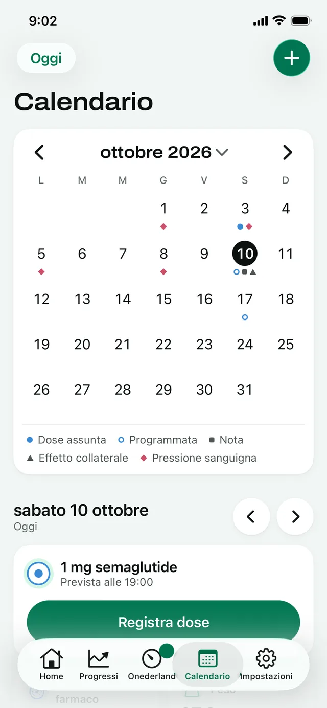 Calendario: ottobre, con una dose programmata, una nota e un effetto collaterale segnati oggi