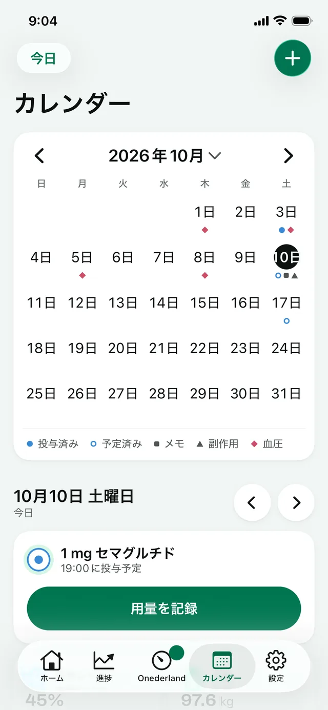 「カレンダー」：10月。今日に予定された投与、メモ、副作用のマーカー