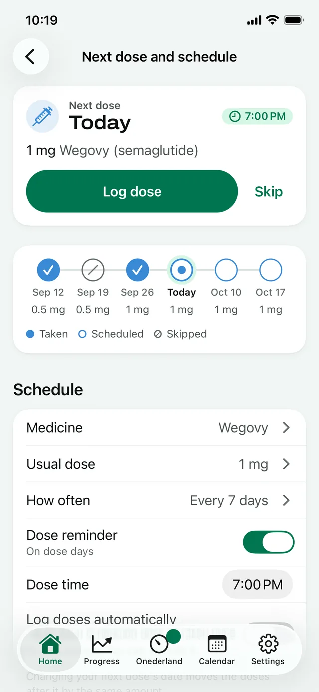 Next dose and schedule: today's 1 mg dose due at 7:00 PM, with the weekly doses on a timeline