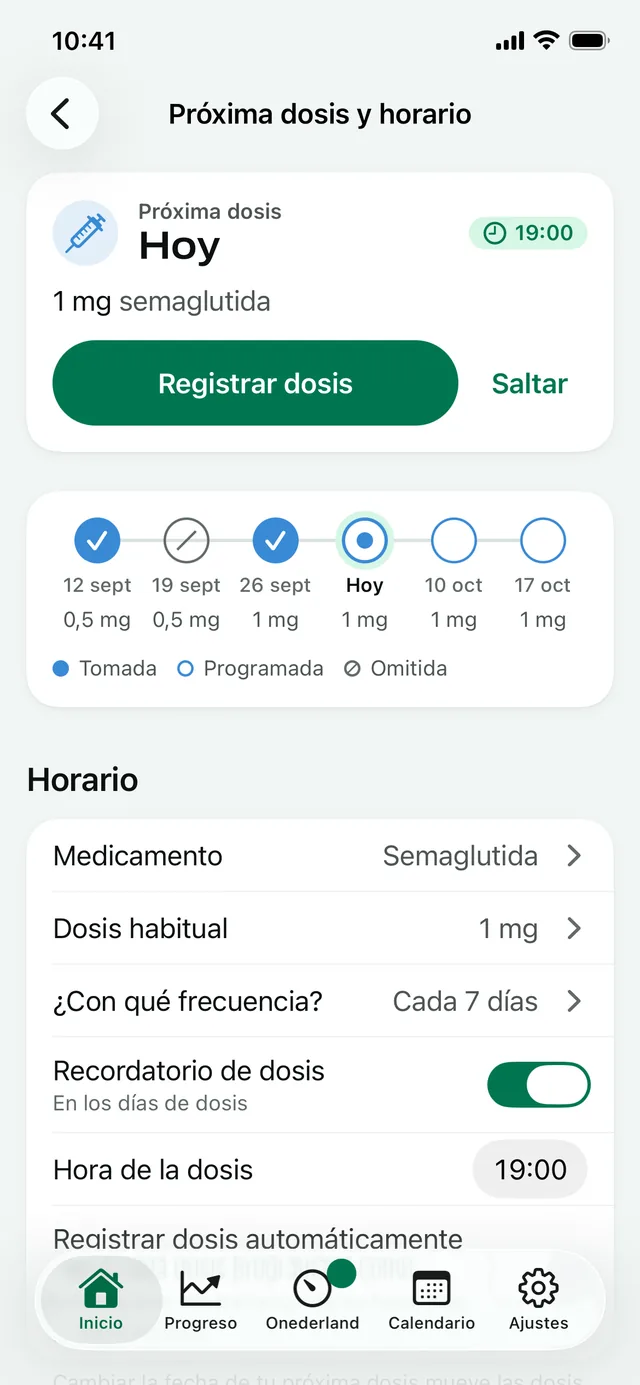 Próxima dosis y horario: la dosis de 1 mg de hoy a las 19:00, con las dosis semanales en una línea de tiempo