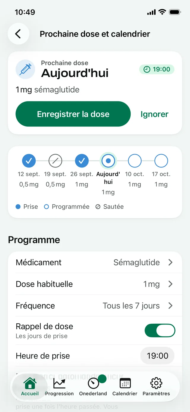 Prochaine dose et calendrier : la dose de 1 mg d'aujourd'hui à 19:00, avec les doses hebdomadaires sur une frise chronologique