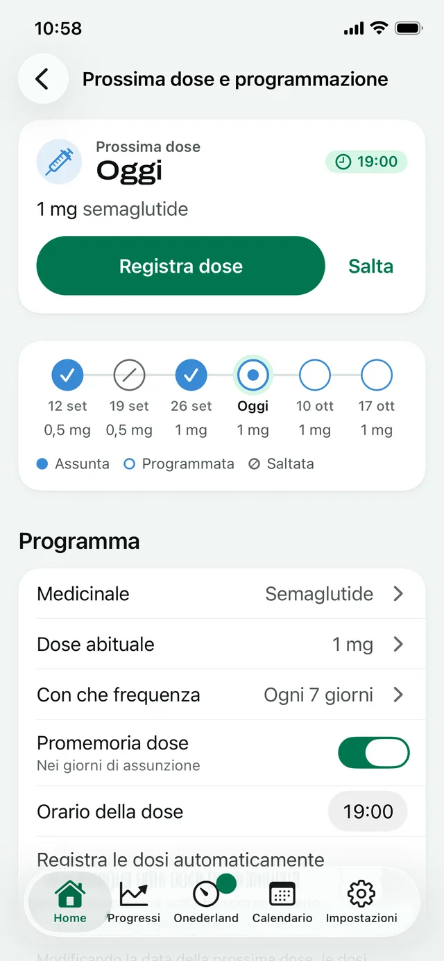 Prossima dose e programmazione: la dose di 1 mg di oggi alle 19:00, con le dosi settimanali su una linea del tempo
