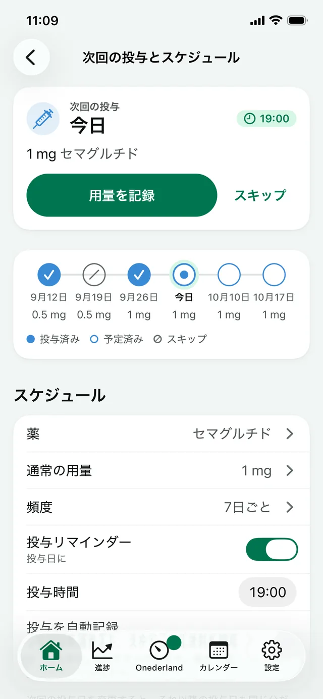 「次回の投与とスケジュール」：本日 19:00 に予定の 1 mg の投与と、週ごとの投与を並べたタイムライン