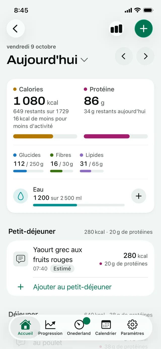 Alimentation du jour : 1 080 kcal et 86 g de protéines jusqu'ici