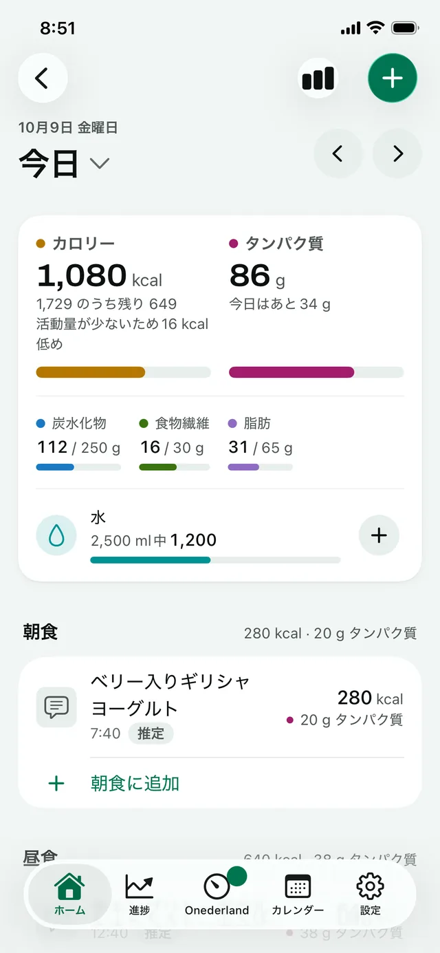 今日の食事：ここまでで 1,080 kcal、タンパク質 86 g