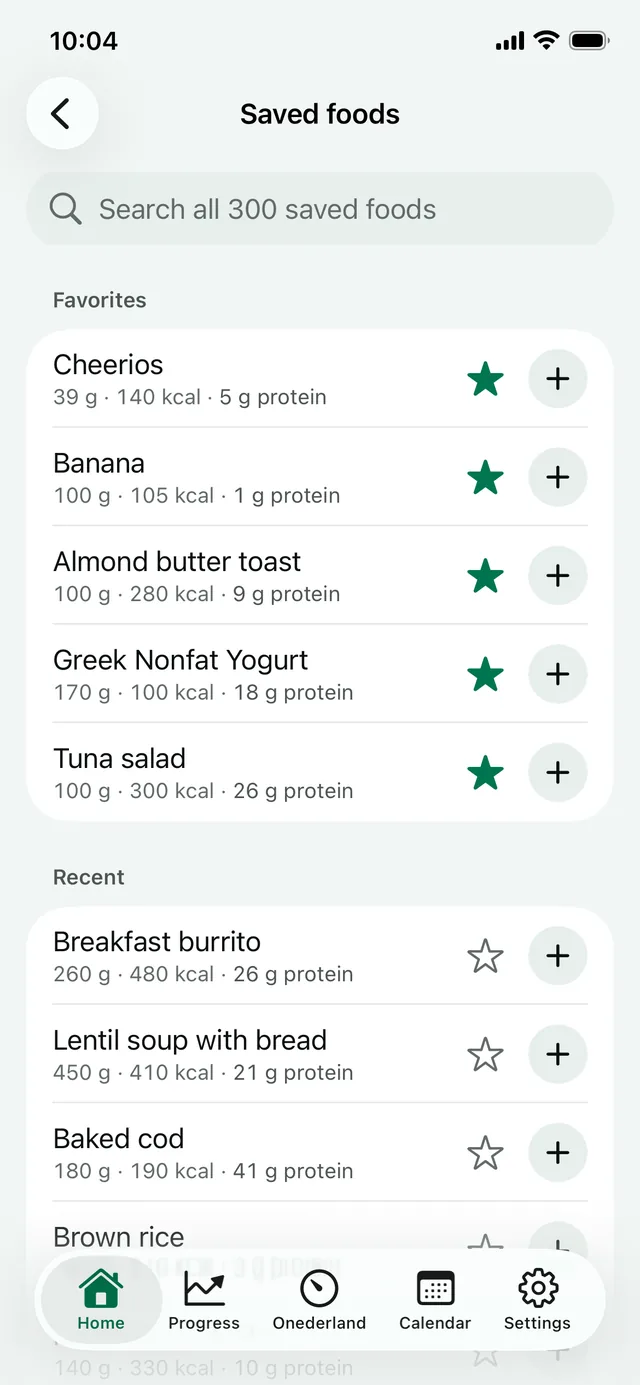 Saved foods: starred favorites and recent foods with calories and protein
