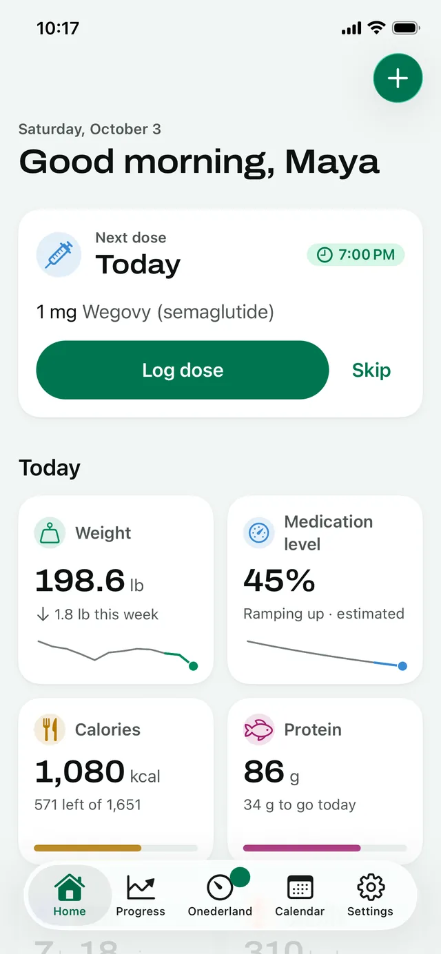 Home: the next dose, today's protein and the latest weight