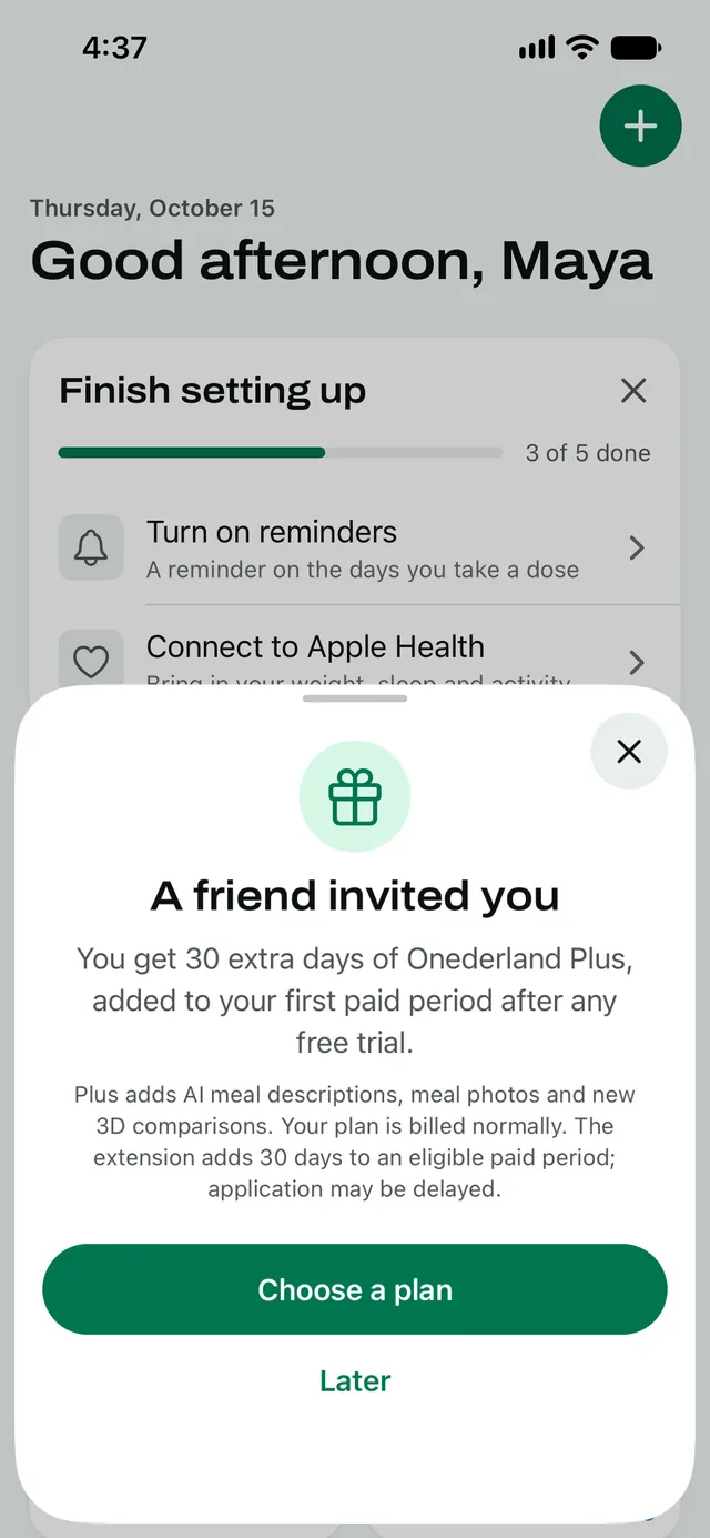 In the app: the invite applied sheet in English, headed “A friend invited you”, with Choose a plan and Later buttons.