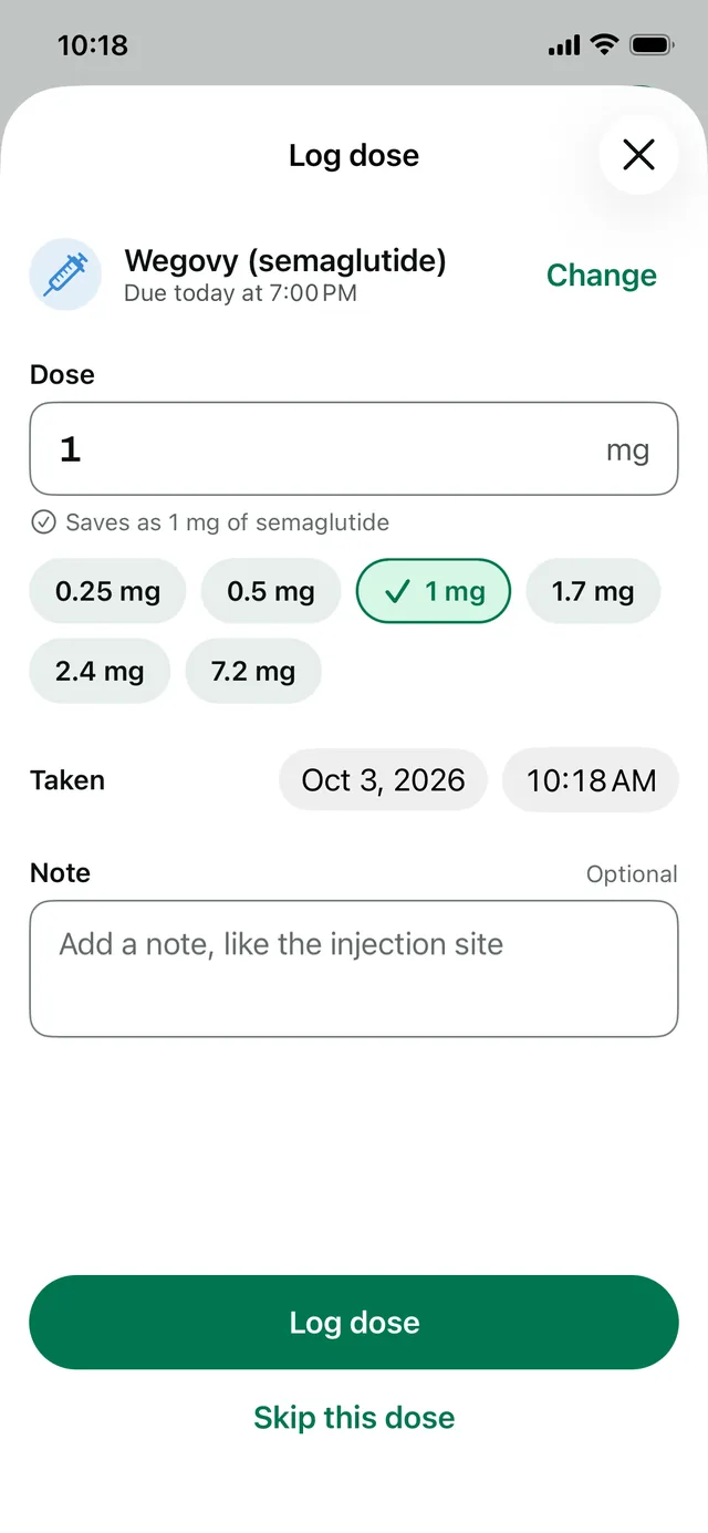 Log dose: 1 mg chosen from the dose presets, with the time taken and a note field