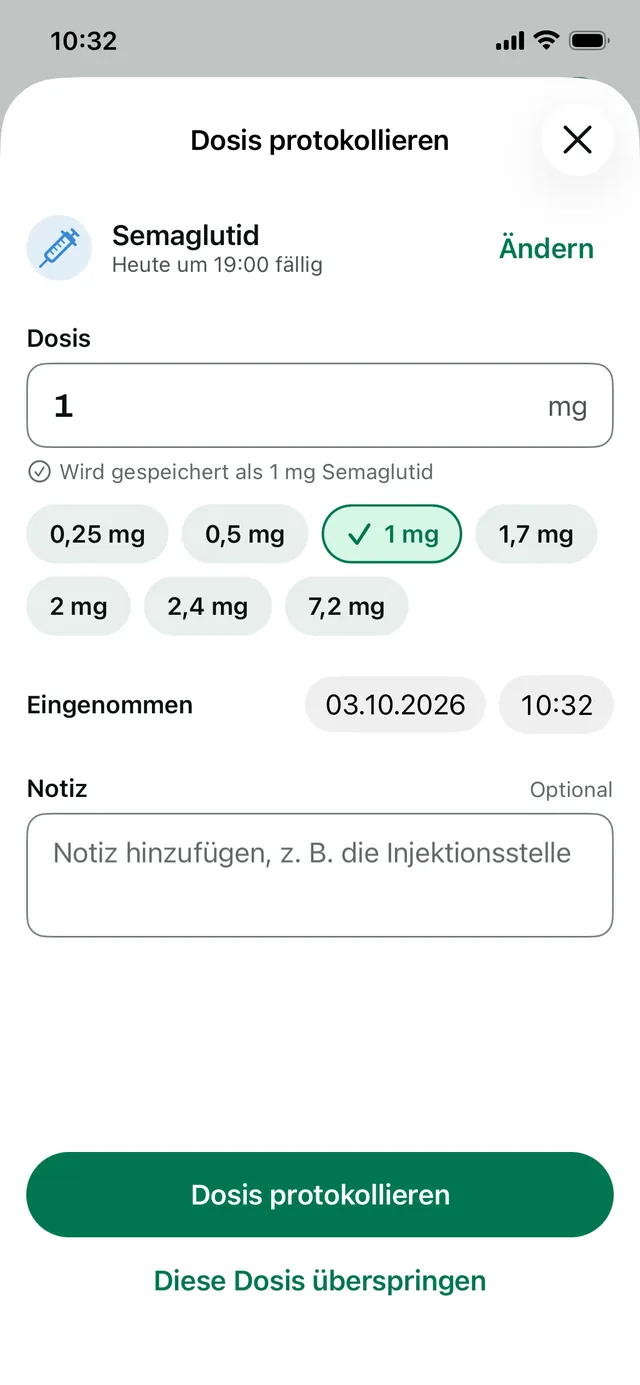 „Dosis erfassen“: 1 mg aus den vorgegebenen Dosen gewählt, mit Einnahmezeit und Notizfeld