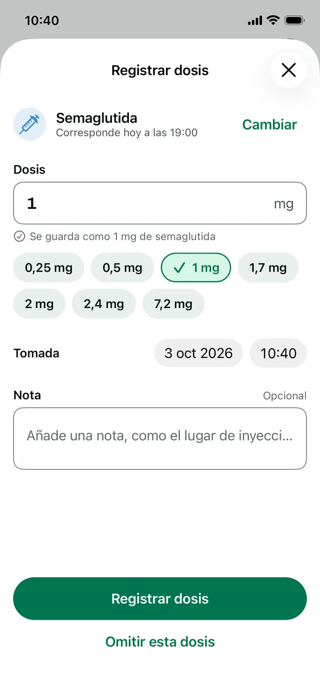 Registrar dosis: 1 mg elegido entre las dosis predefinidas, con la hora de la toma y un campo de nota