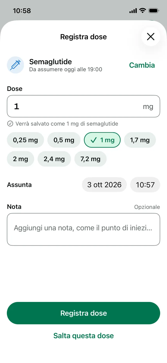 Registra dose: 1 mg scelto tra le dosi predefinite, con l'ora dell'assunzione e un campo note