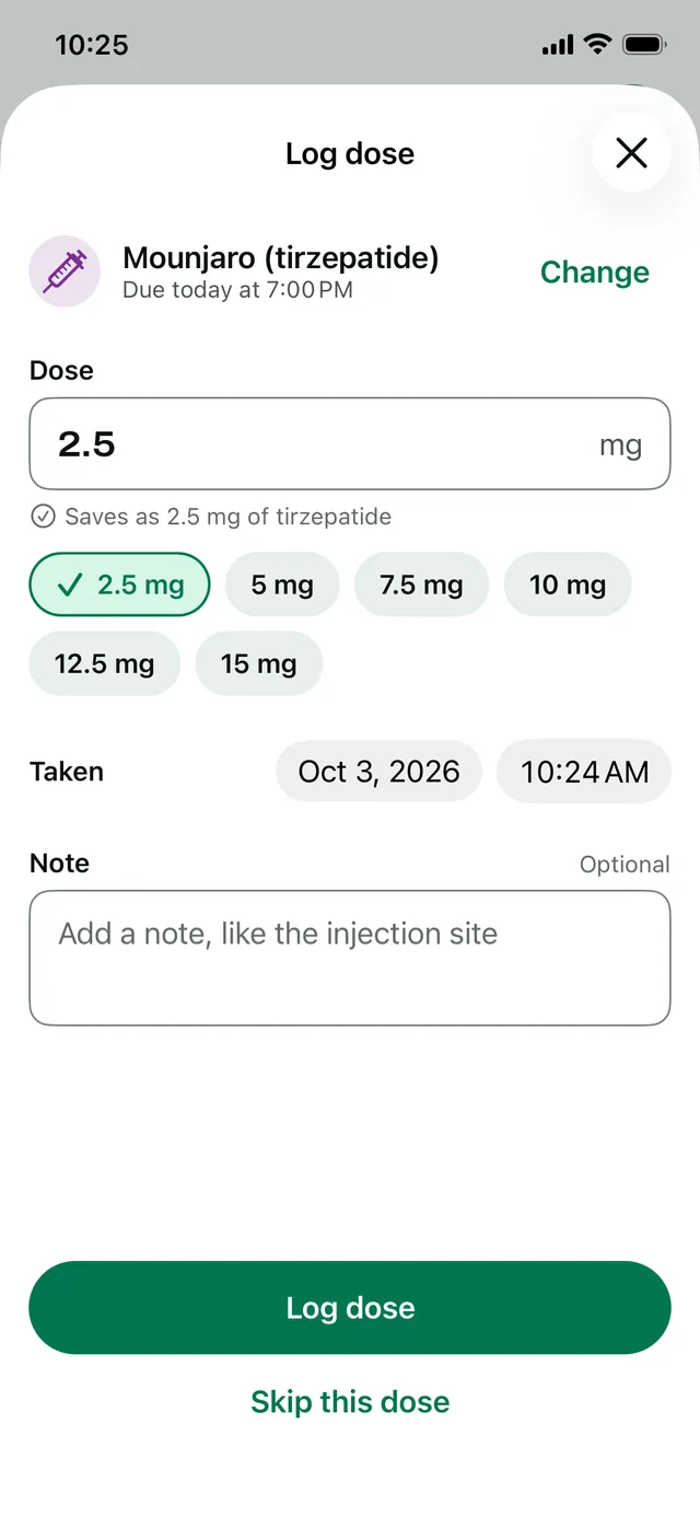 Log dose for Mounjaro: 2.5 mg selected, with the label's dose presets from 2.5 to 15 mg