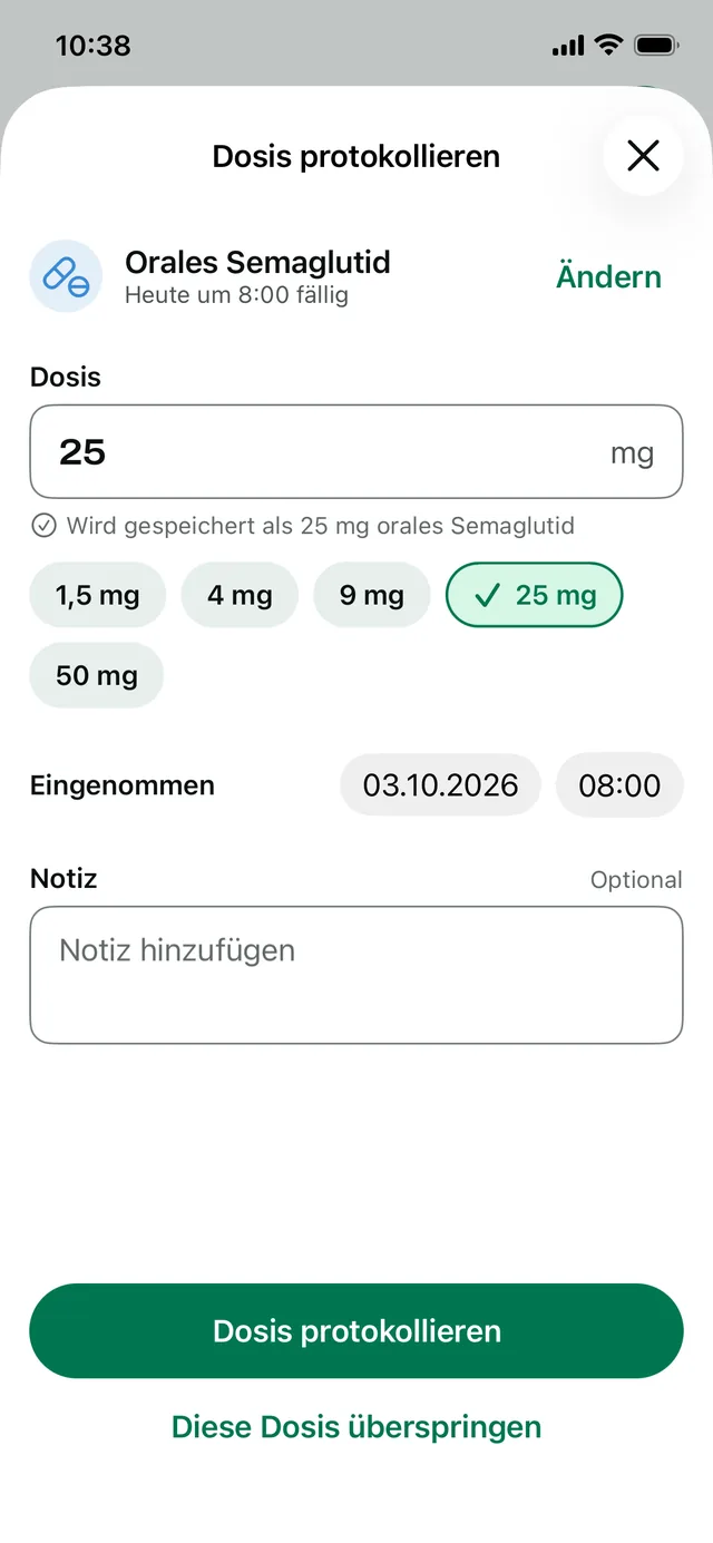 Dosis erfassen für orales Semaglutid, mit Tablettensymbol und den Stärken 1,5, 4, 9, 25 und 50 mg
