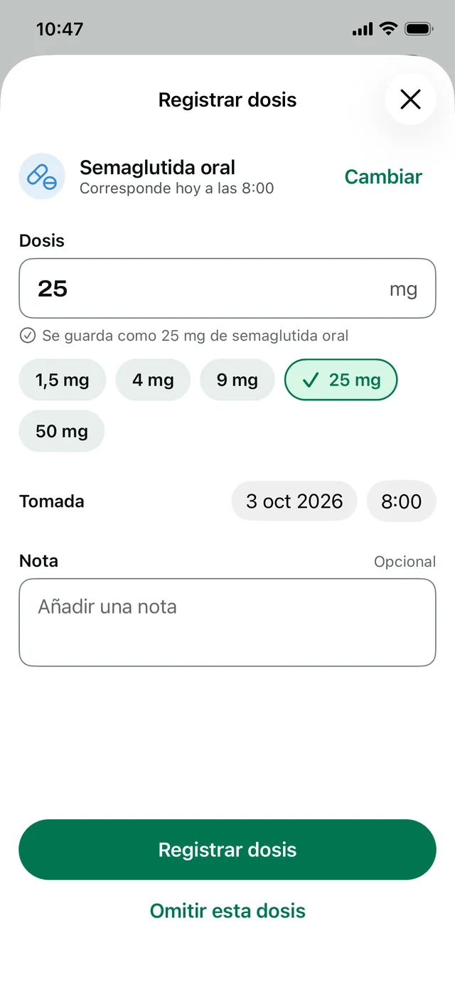 Registrar dosis de semaglutida oral, con un icono de pastilla y las dosis de 1,5, 4, 9, 25 y 50 mg