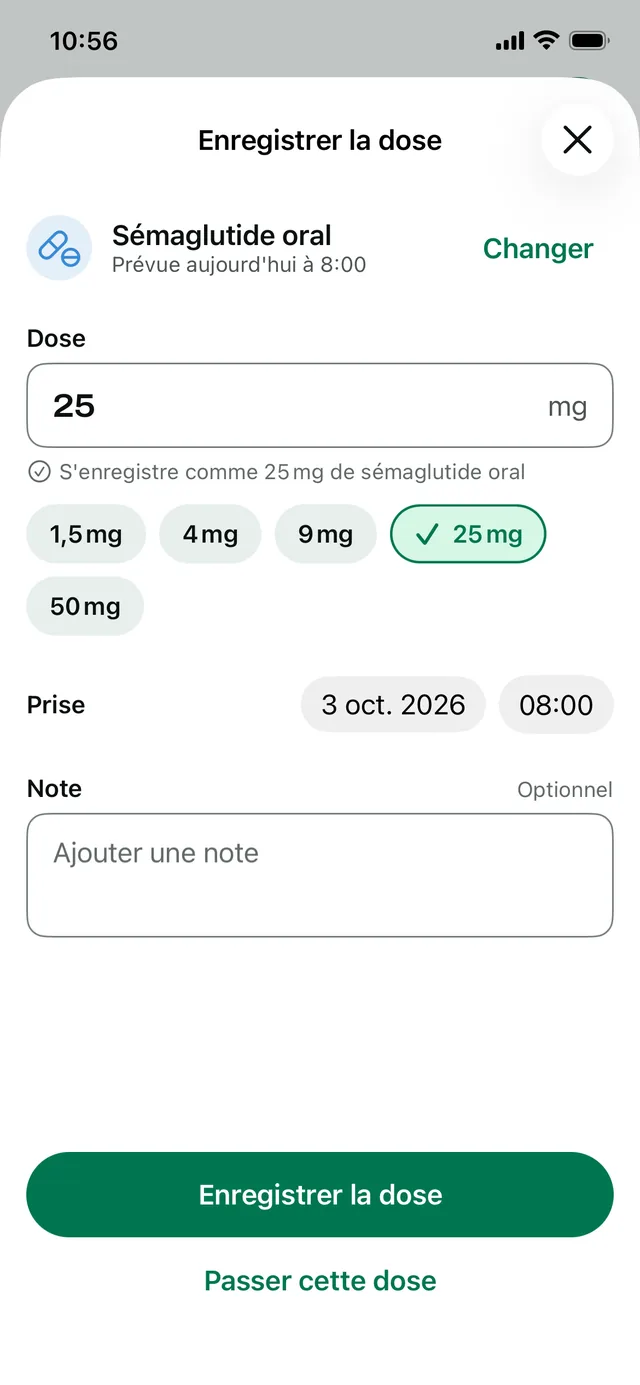 Enregistrer la dose de sémaglutide oral, avec une icône de comprimé et les dosages 1,5, 4, 9, 25 et 50 mg