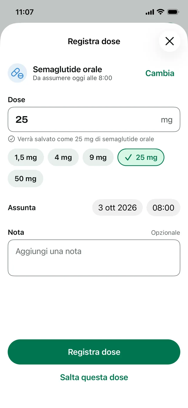 Registra dose per la semaglutide orale, con l'icona della compressa e le dosi da 1,5, 4, 9, 25 e 50 mg