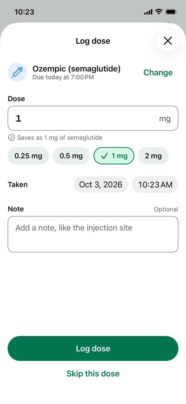 Log dose for Ozempic: 1 mg selected, with the label's dose presets from 0.25 to 2 mg