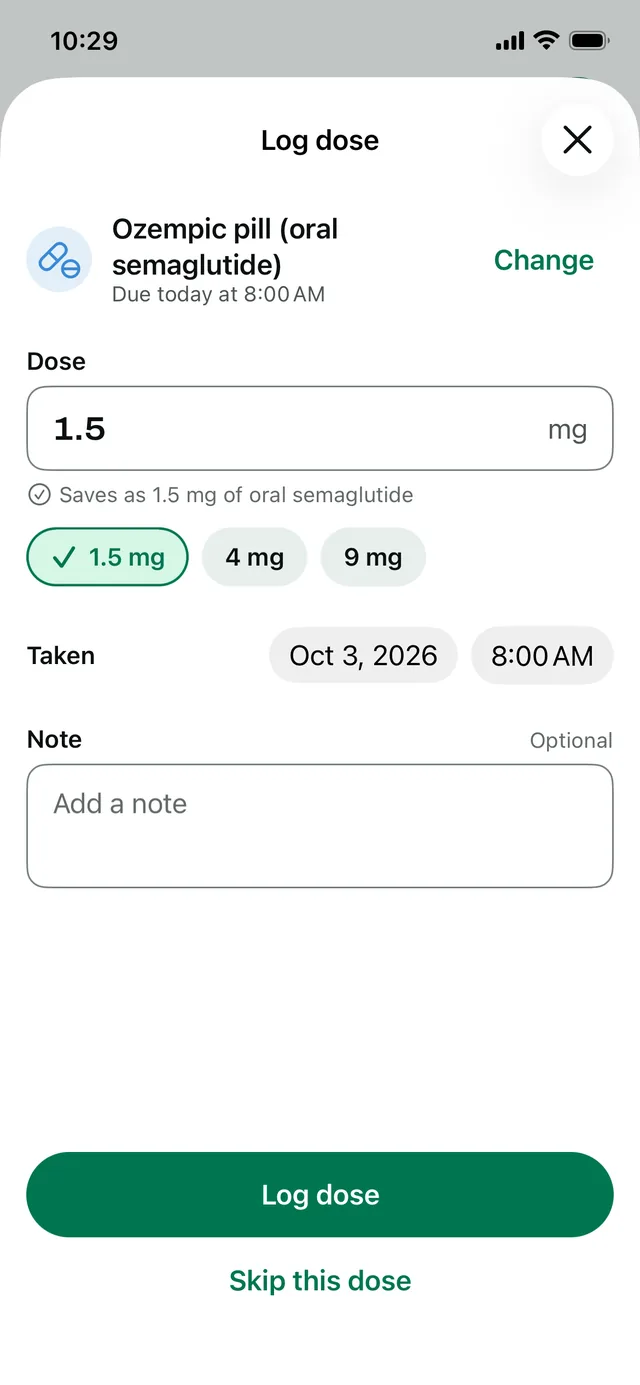 Log dose for the Ozempic pill: 1.5 mg due today at 8:00 AM, with the 1.5, 4 and 9 mg tablets