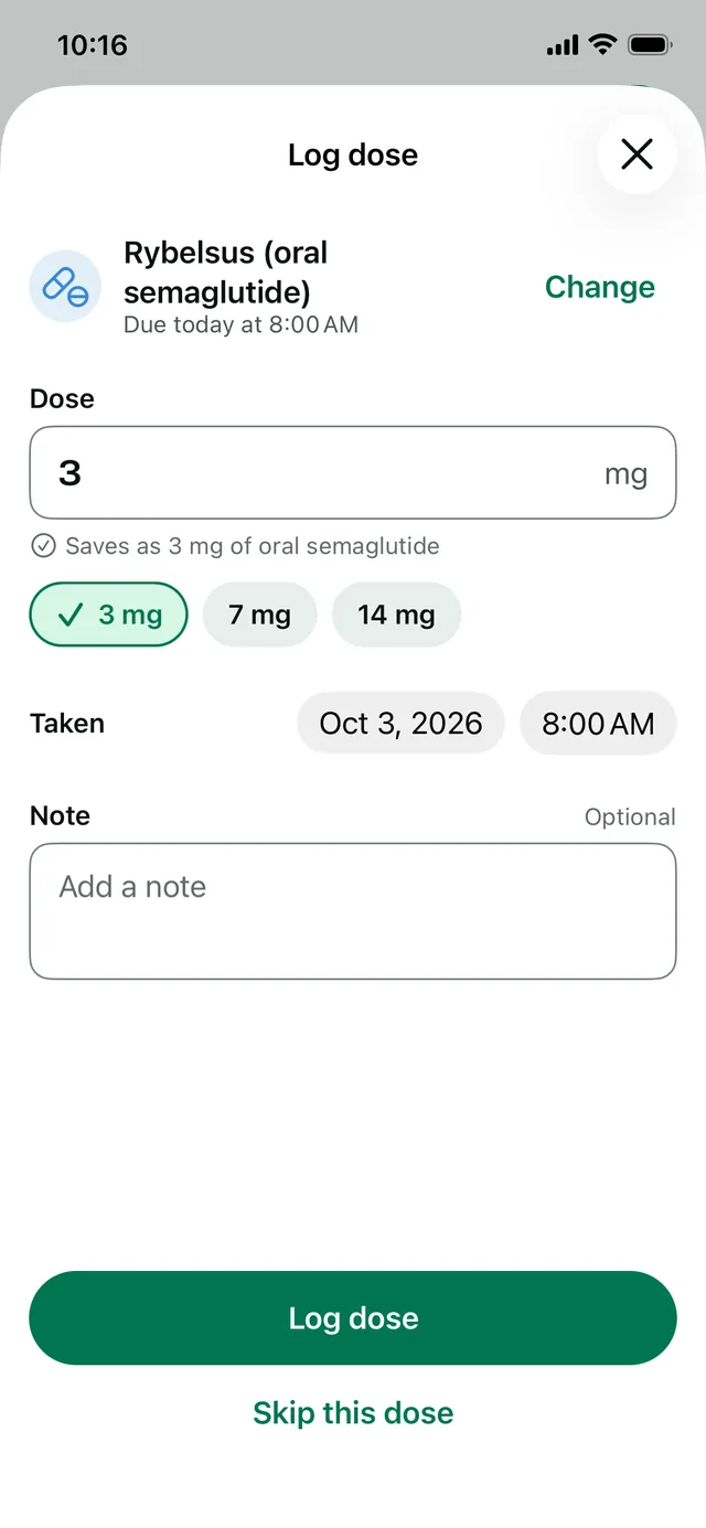 Log dose for Rybelsus: 3 mg due today at 8:00 AM, with the 3, 7 and 14 mg tablets