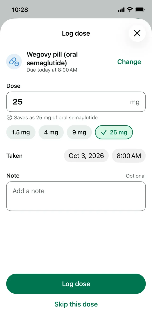 Log dose for the Wegovy pill: 25 mg due today at 8:00 AM, with the 1.5, 4, 9 and 25 mg tablets