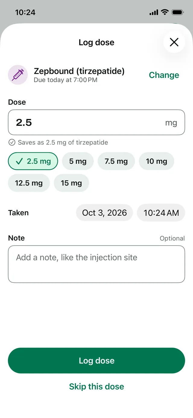 Log dose for Zepbound: 2.5 mg selected, with the label's dose presets from 2.5 to 15 mg
