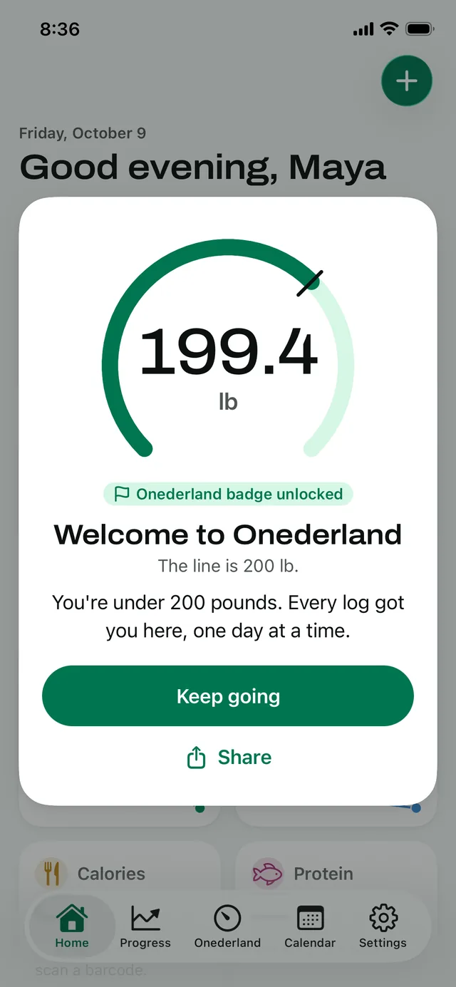 Welcome to Onederland: 199.4 lb, with Keep going and Share