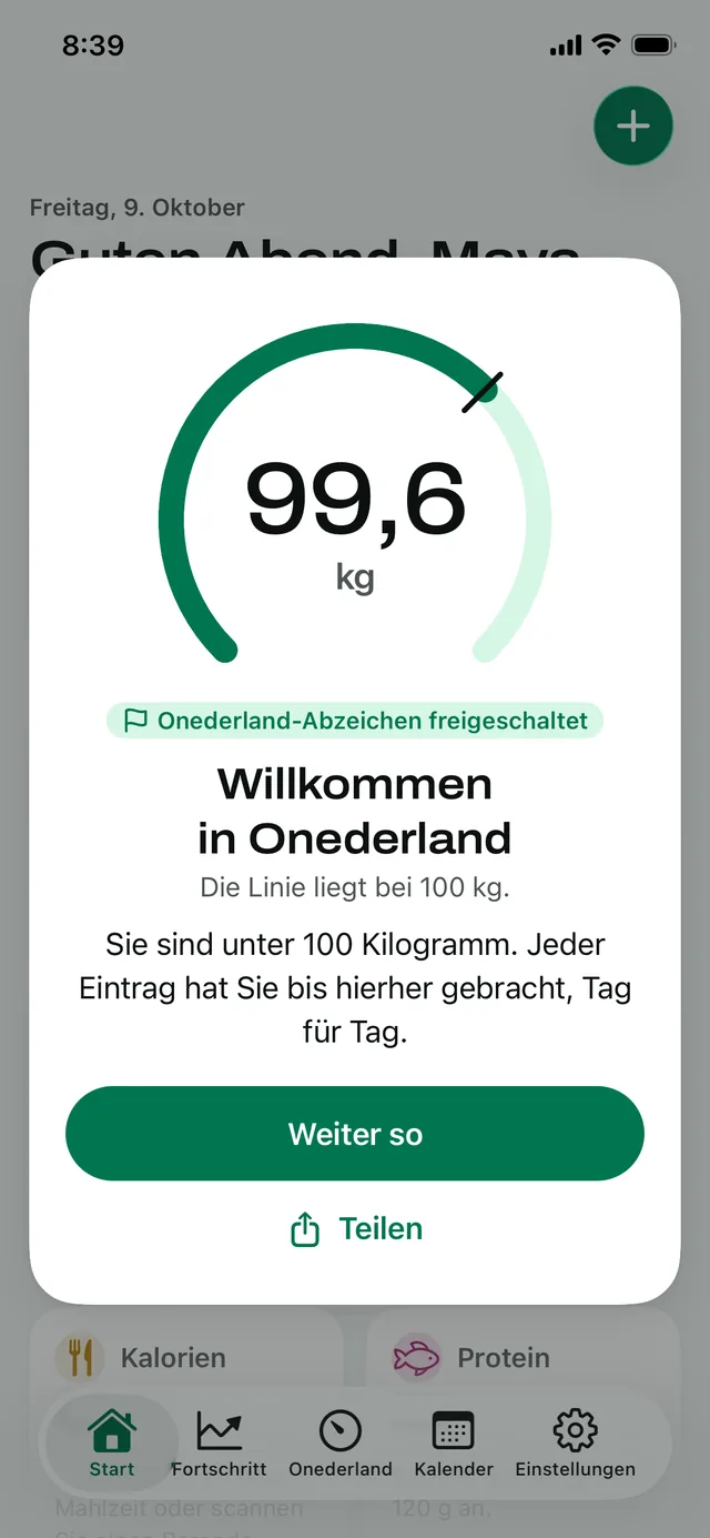 Willkommen in Onederland: ein Gewicht von 99,6 kg, unter der Linie bei 100 kg
