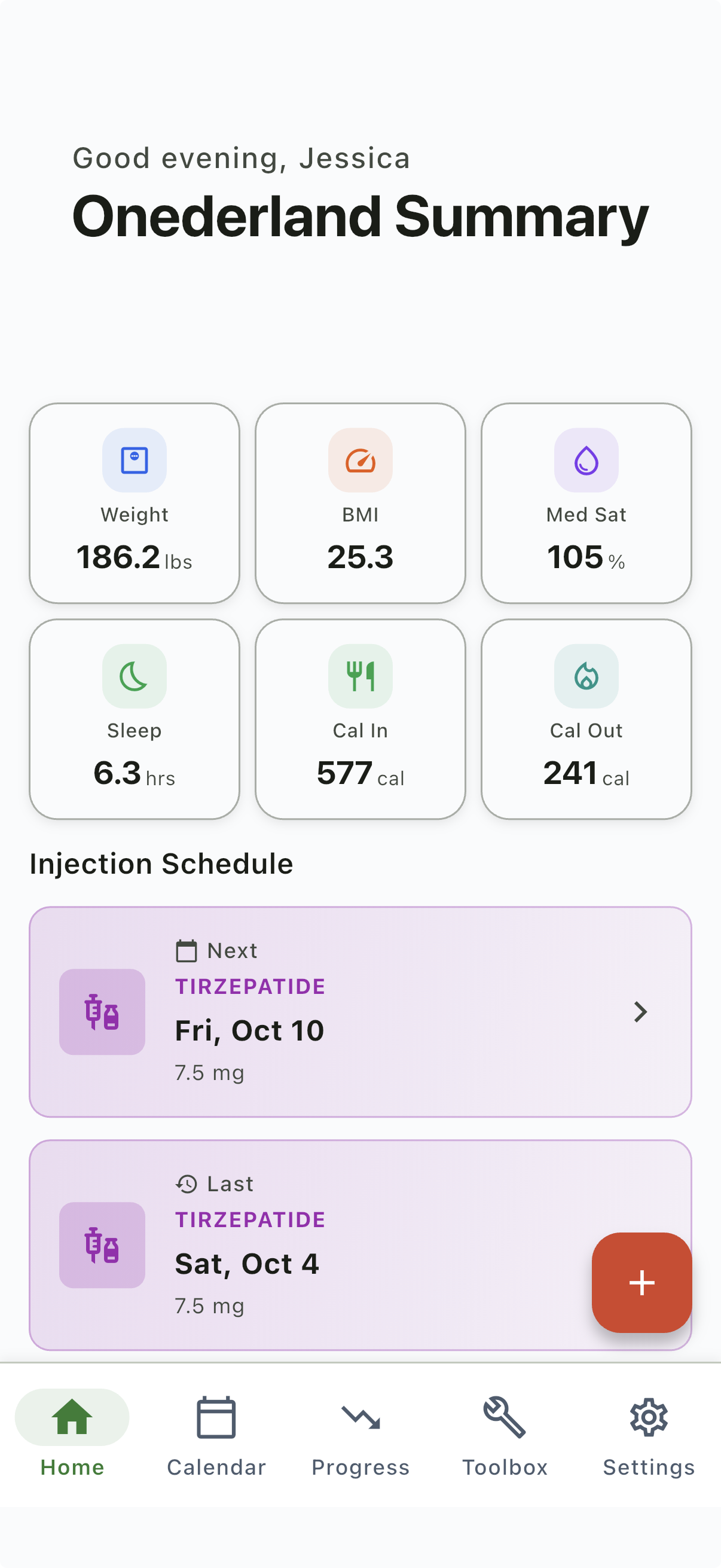 Onederland dashboard with weight, sleep, and injection summary