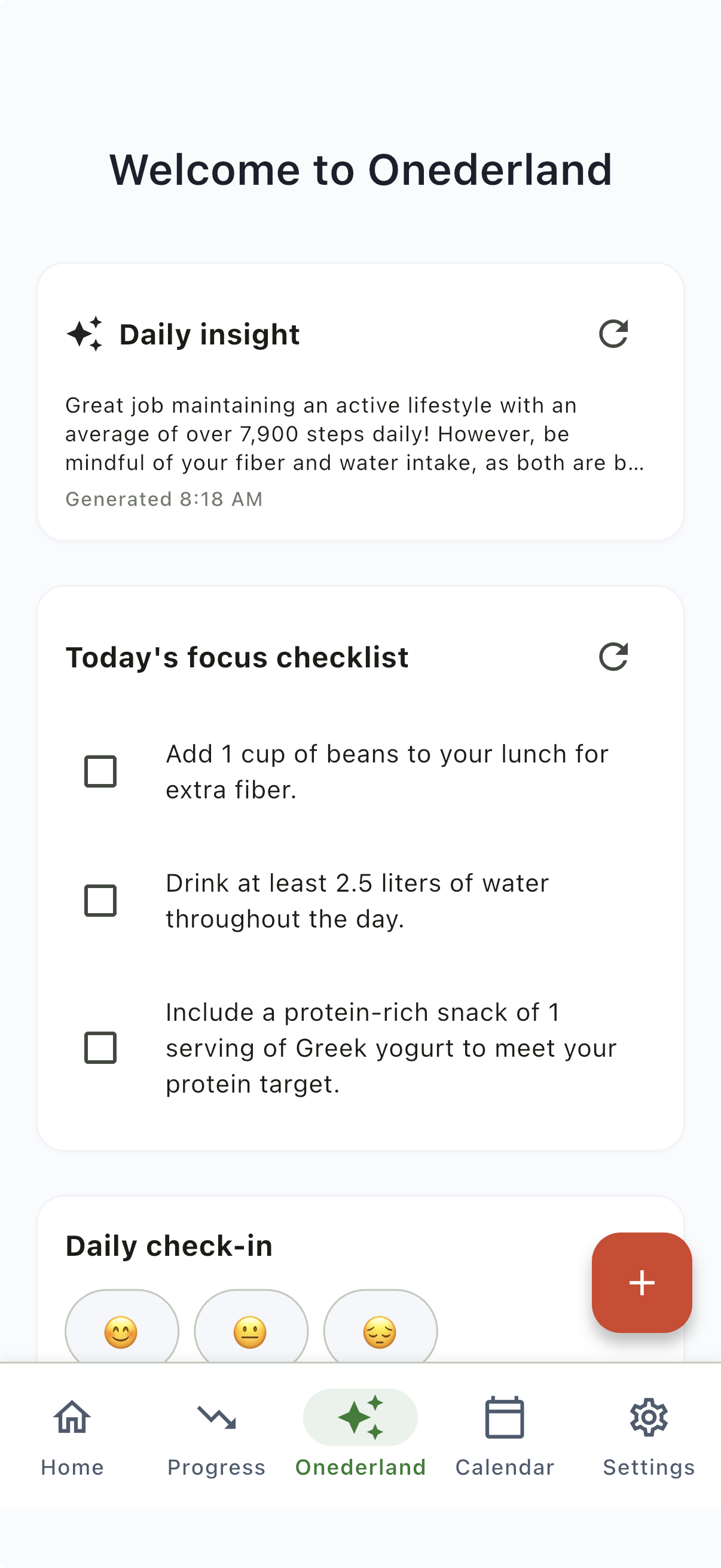Onederland insights with weekly coaching recommendations
